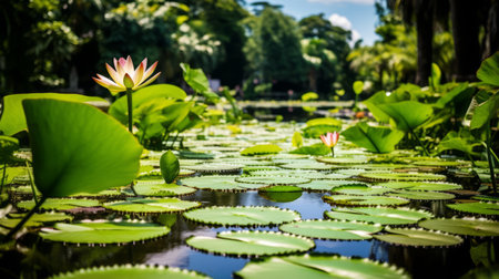 A lotus pond with lush green lily padsの素材