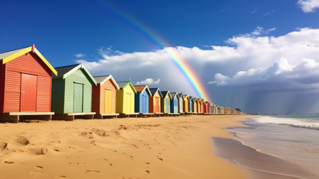 A rainbow forming above a colorful row of beach hutsの素材