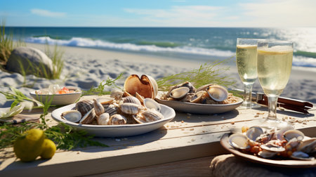 A beachside picnic table with seafood and seashellsの素材