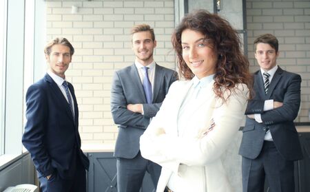 Face of beautiful woman on the background of business people
