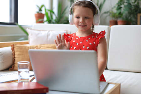 Little girl studing online with video call teacher. Distance learning