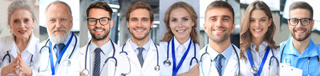 Collage of happy doctors with stethoscopes in a row.