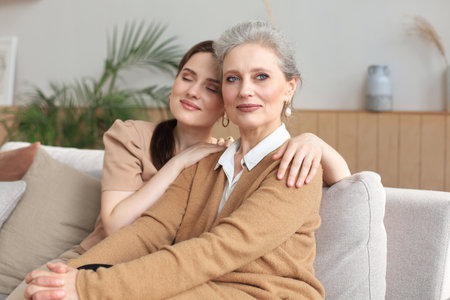 Portrait of old mother and mature daughter hugging at home. Happy senior mom and adult daughter embracing with love on sofaの写真素材