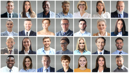 Happy group of multiethnic business people men and women. Different young and old people group headshots in collage. Multicultural faces looking at cameraの写真素材