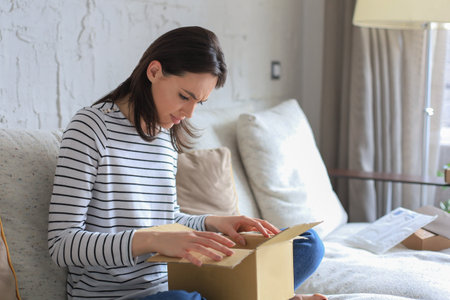 Beautiful young woman is holding cardboard box and unpacking it sitting on sofa at homeの写真素材