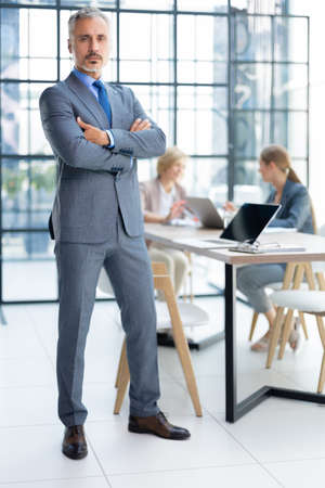 Businessman with colleagues in the background in officeの写真素材