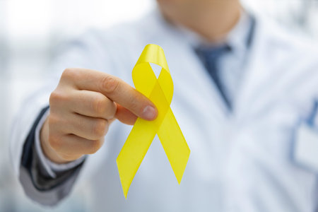 Doctor in a white uniform holds a yellow ribbon in his hand, symbol of the fight against the cat's tumor, problem of suicides and their prevention.の写真素材
