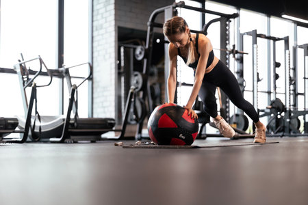 Beautiful fitness woman doing mountain climber with medecine ball exercises at gymの写真素材