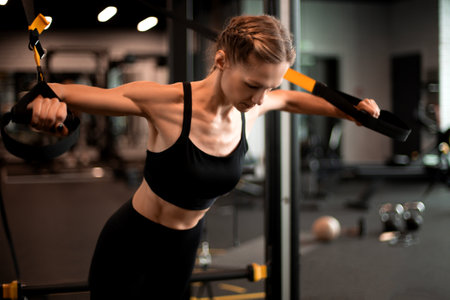 Fit women doing push ups training arms with trx fitness straps in gym
