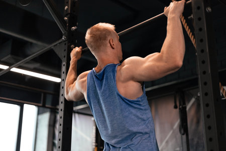 Fit and muscular man shakes his back on the simulator. Back view