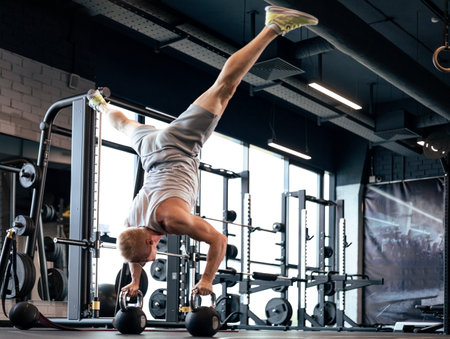 Fit and muscular man doing vertical push-ups on dumbbells in gym