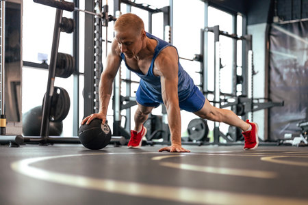 Fit man doing push ups on medicine ball at the gym