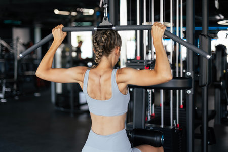 Attractive sport woman with beautiful figure is engaged in gym. Upper block thrust. Healthy...