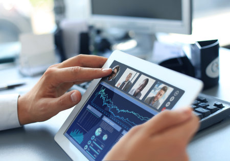 Close up of person video conferencing with colleagues on digital tablet, analyzing financial statistics displayed on the digital tablet screenの写真素材