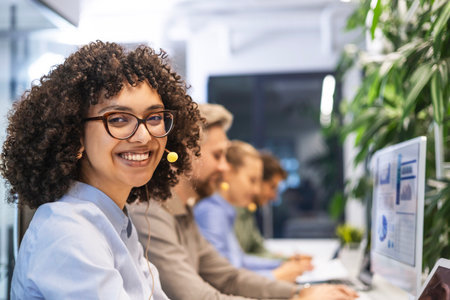 Portrait of call center worker accompanied by her team. Smiling customer support operator at work.