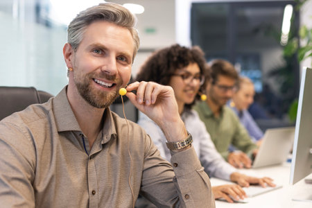 Happy young male customer support executive working in office with colleagues in the backgroundの写真素材