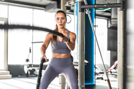 Fit woman using battle ropes during strength training at the gym