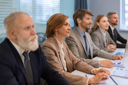 Row of business people working at seminar.