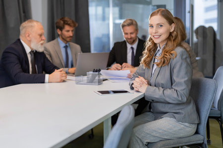 Attractive young businesswoman sitting on the table, looking at camera with colleagues on the background.の写真素材