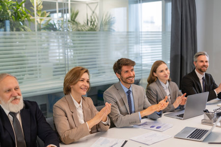Image of colleagues clapping hands at seminar, listening speaker. Business education.