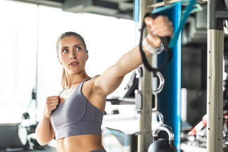 Woman doing pull ups training arms with trx fitness straps in the gym. Upper body training