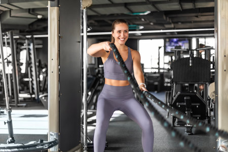 Fit woman using battle ropes during strength training at the gym