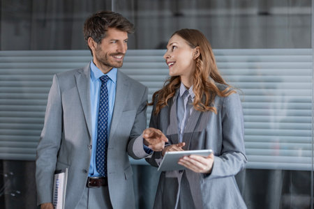 Two business people discussing work together using a tablet in a modern office.の写真素材