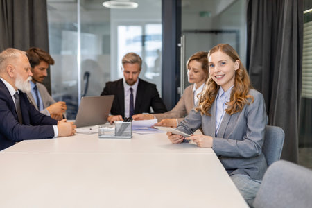 Attractive young businesswoman sitting on the table, looking at camera with colleagues on the...