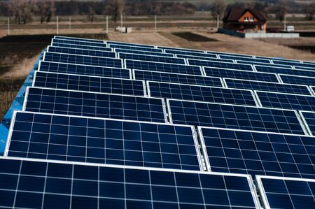 Solar panel against blue sky. Blue solar panels.の写真素材