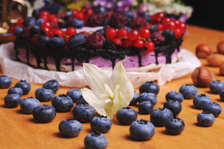 Festive cake, blueberry and blackberry sponge cake with cream cheese inside on a plate on a wooden table, horizontal view from above.の写真素材