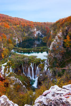 Amazing waterfall and autumn colors in Plitvice Lakes National Park in Croatiaの写真素材