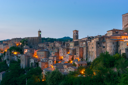 Evening view of the medieval town Sorano, Tuscany, Italyのeditorial素材