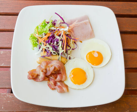 set of american breakfast on wood table.の写真素材