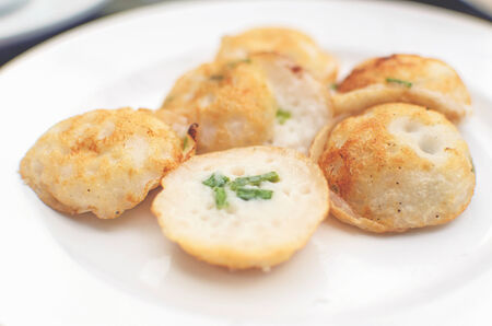 Thai dessert, coconut milk with powder fried on white plate.の写真素材