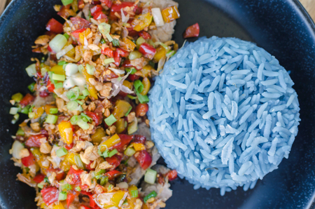food healthy, garlic pork with blue rice, blue color made from butterfly pea (Blue Pea).の写真素材