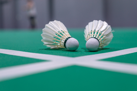 closeup badminton shuttlecock on green court.の写真素材