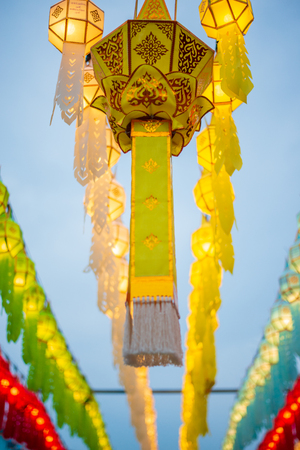 Thai lanna lantern with light at night .の写真素材