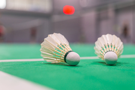 closeup badminton shuttlecock on green court.の写真素材