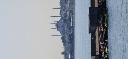 Aerial view of the sea and buildings.