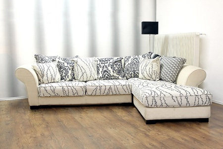 Black and white couch in modern interiorの写真素材