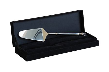 Silver cake server in velvet box isolated の写真素材