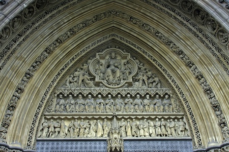 Facade of famous London landmark Westminster Abbey cathedral entrance