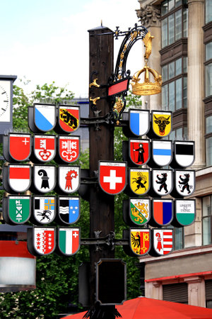Bunch of swiss coat of arms on public London Leicester squareのeditorial素材