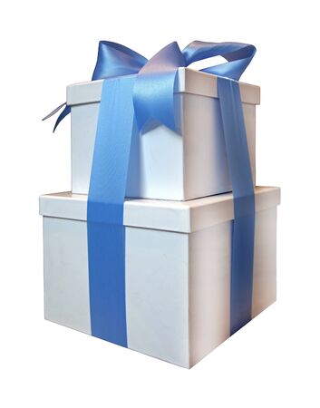 Two white gift boxes with blue ribbon bow isolated with clipping path includedの写真素材