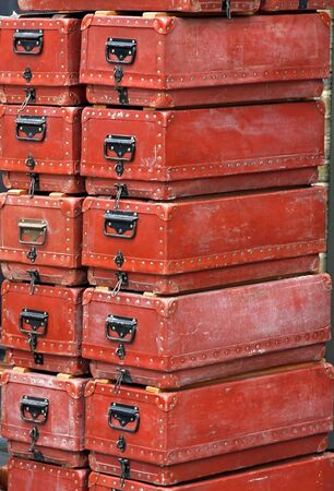 Old closed box metal containers with handlesの写真素材