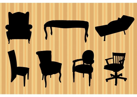 Black silhouettes of retro seats furniture on beige wallpaperのイラスト素材
