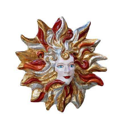 Ceramic medusa head art sculpture with red hairの写真素材