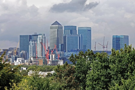 Skyline view of financial London district Canary Wharf