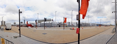 Panoramic image of large construction site inside cityの写真素材