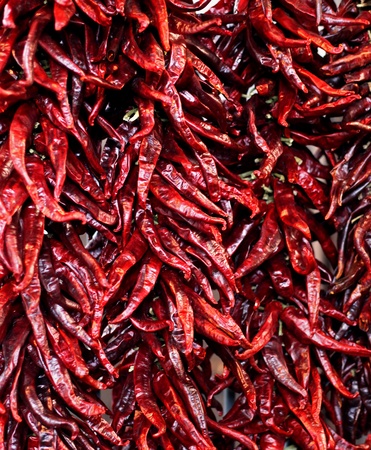 Dry red peppers hanging on wall on marketの写真素材
